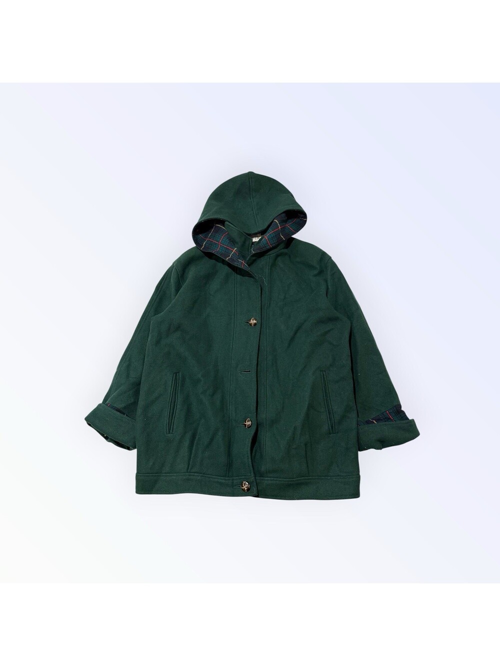 Vintage Herman Kay Green Wool Hooded Coat Plaid Lined Size 14 Women’s